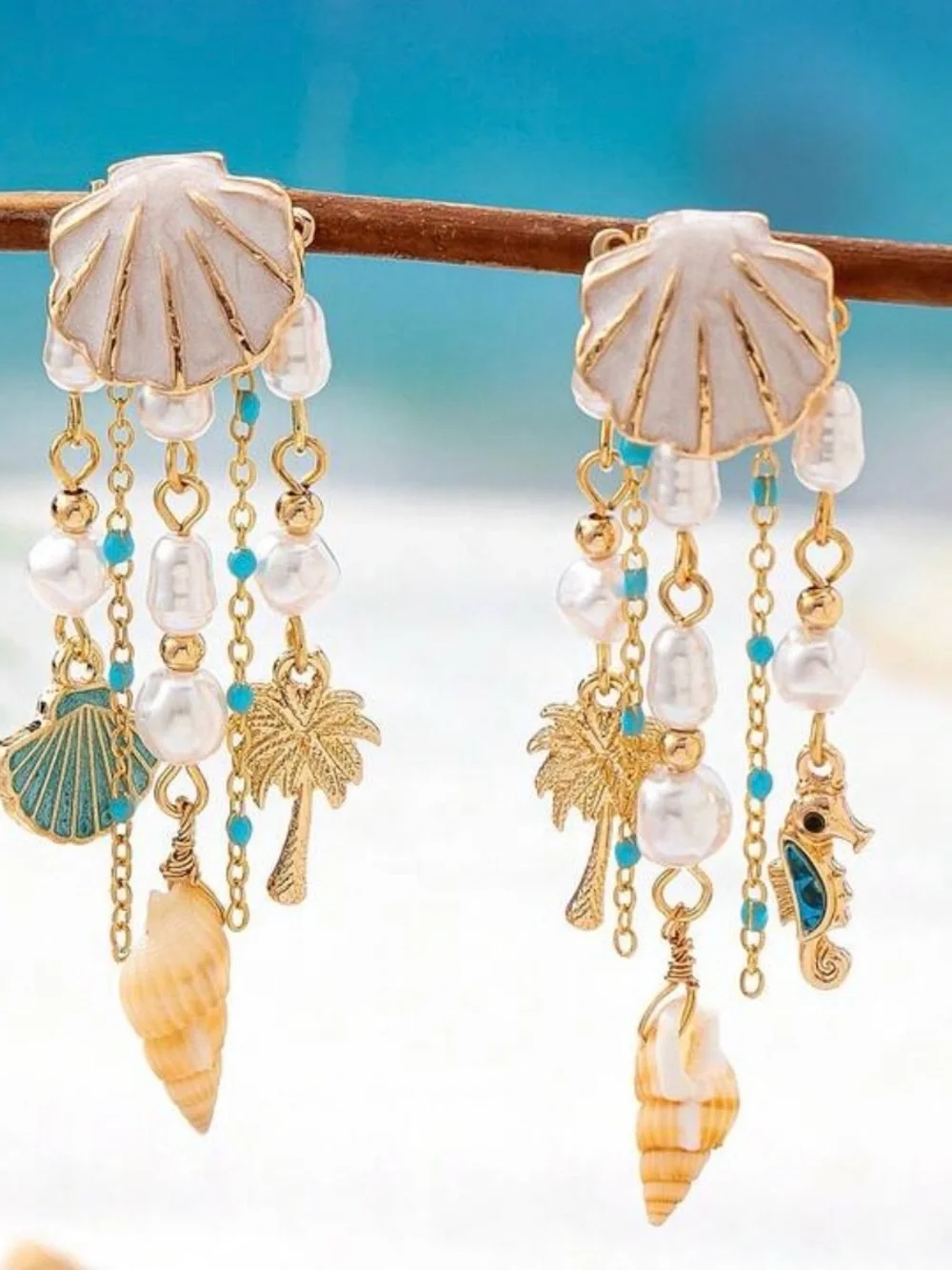 Seashell Drop Earrings with Pearls and Turquoise Accents